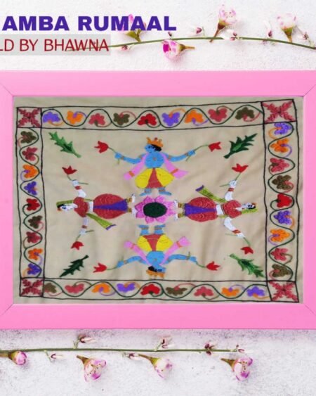 Buy GI-tagged Chamba Rumal with Raas Leela embroidery by Bhawna. A heritage artwork from Himachal Pradesh with fine silk thread embroidery and mirror-like double-side finish.
