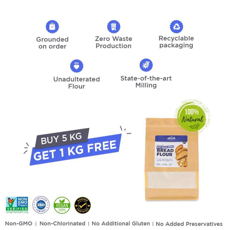 Bake wholesome artisan breads with Raw Himalayas 100% Whole Wheat Bread Flour. Unbleached, high in protein, and rich in nutrients—ideal for sourdoughs, pizza bases, and more.