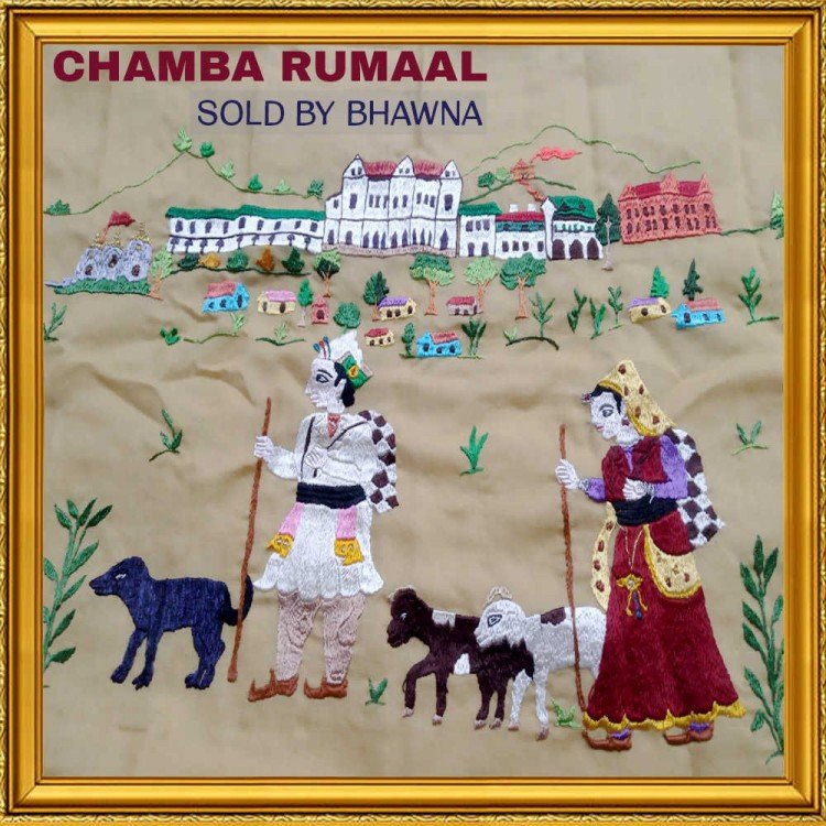 Chamba Rumal – GI-Certified Hand-Embroidered Village Life Scene by Bhawna