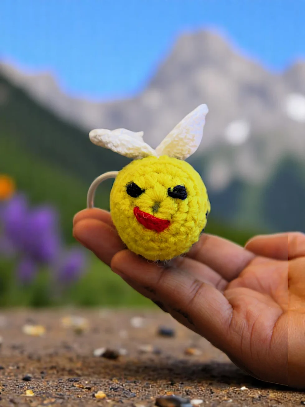 Handmade Crochet Yellow Smiley Face Toy with Bunny Ears – Cute Wool Keychain or Decor