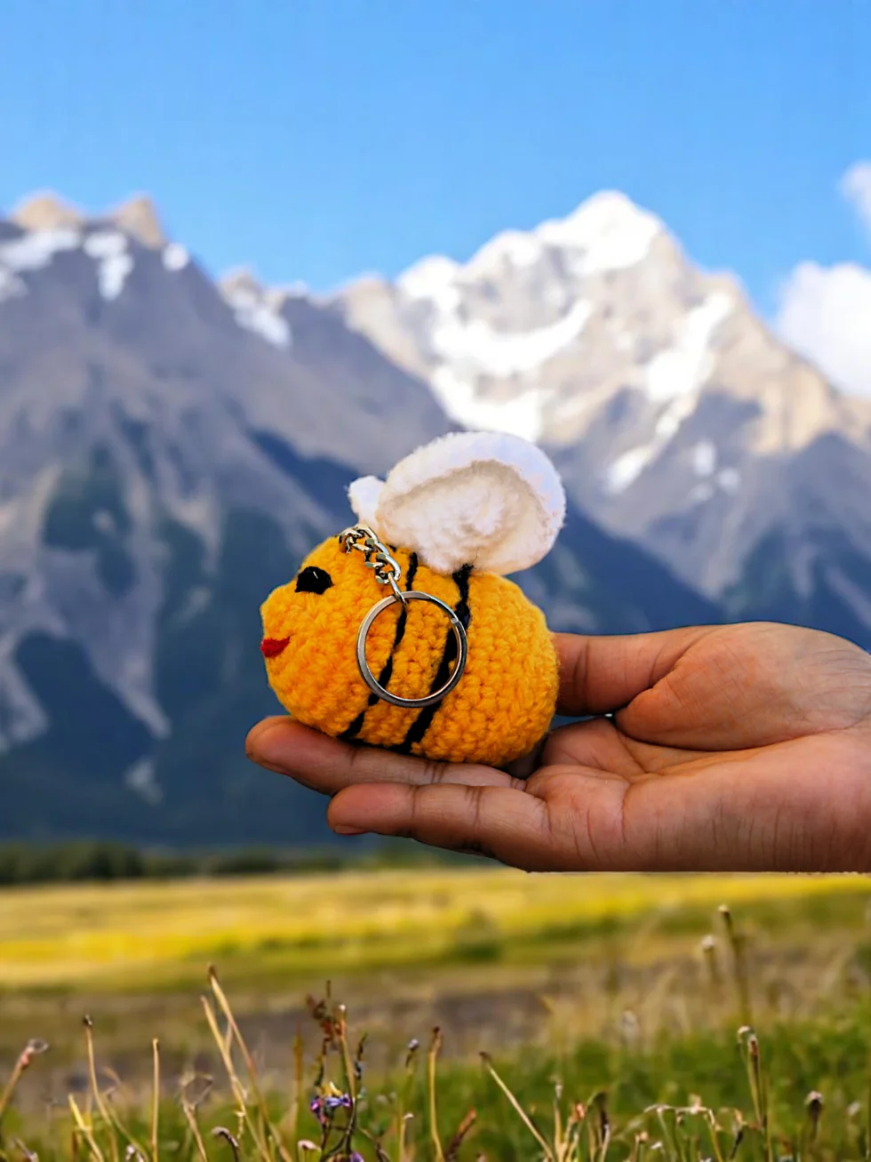 Handmade Crochet Yellow Smiley Face Toy with Bunny Ears – Cute Wool Keychain or Decor