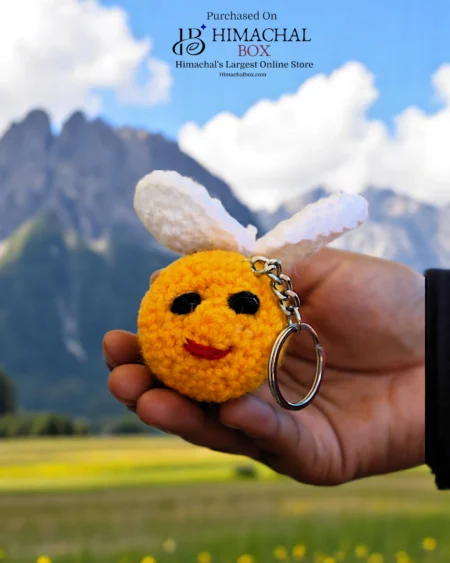 Handmade Crochet Yellow Smiley Face Toy with Bunny Ears – Cute Wool Keychain or Decor