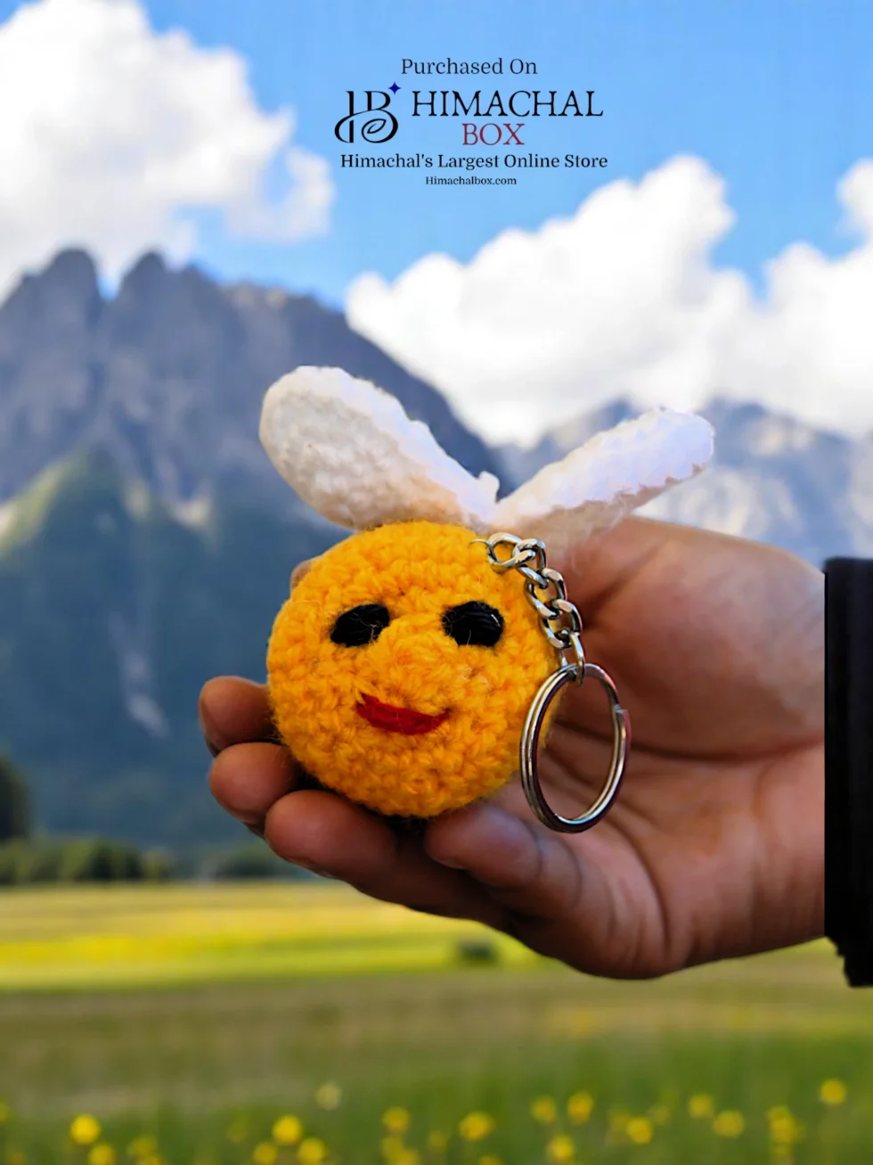 Handmade Crochet Yellow Smiley Face Toy with Bunny Ears – Cute Wool Keychain or Decor
