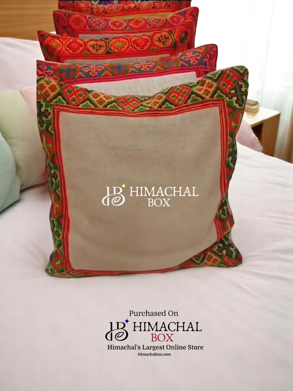 Elevate your space with this handwoven cushion cover featuring a traditional Kullu Patti border—perfect for adding a pahadi charm to your home decor