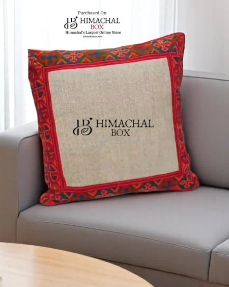 Handcrafted cushion cover featuring bold Kullu Patti detailing—perfect for adding Himachali warmth and authenticity to your home decor.