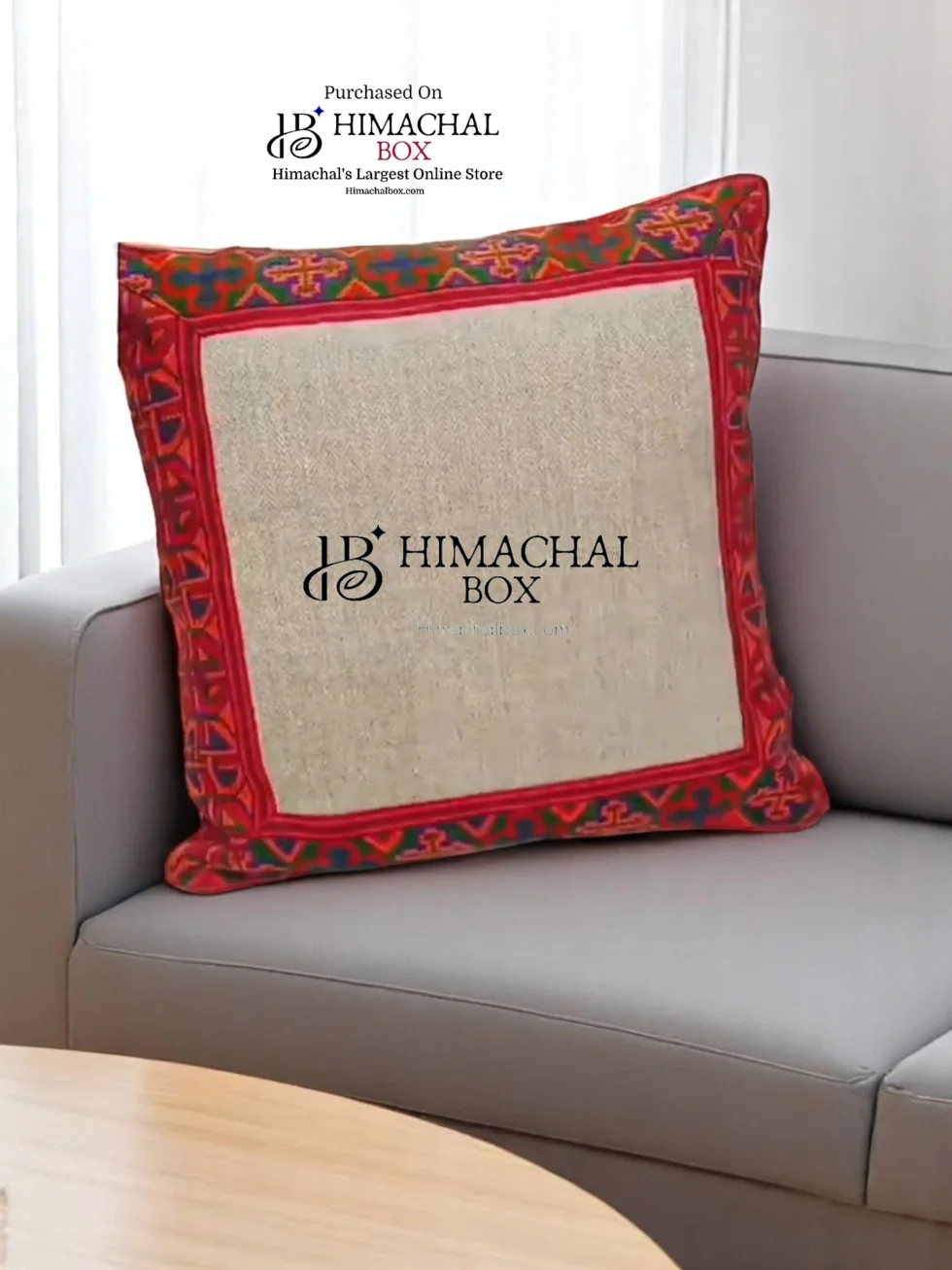 Handcrafted cushion cover featuring bold Kullu Patti detailing—perfect for adding Himachali warmth and authenticity to your home decor.