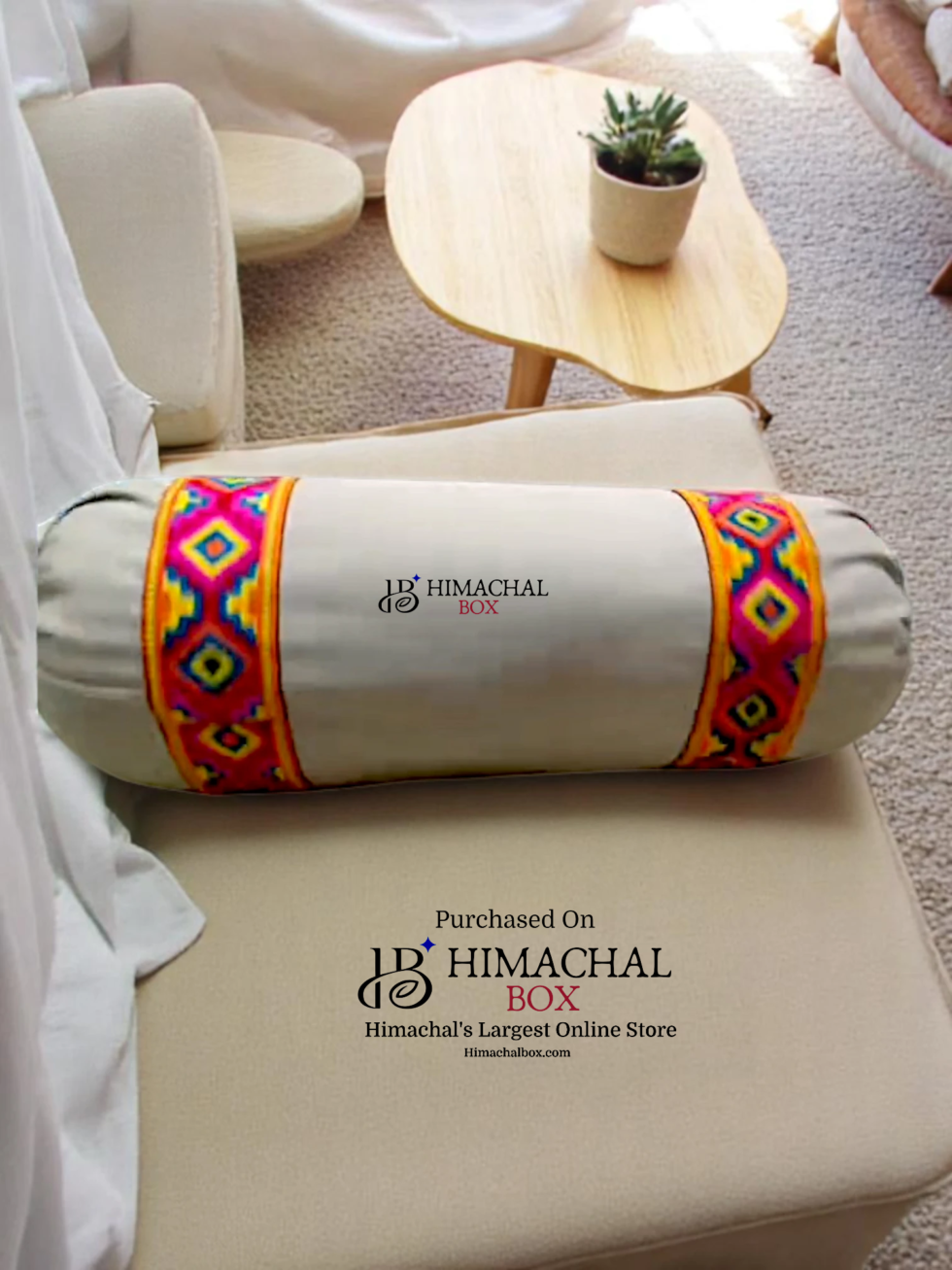 Ethnic round bolster cover with classic Kullu Patti for Gol Takiya, Diwan pillows, and Giddi cushions. Add a Himachali touch to your room with HimachalBox.