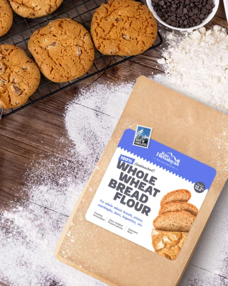 Bake wholesome artisan breads with Raw Himalayas 100% Whole Wheat Bread Flour. Unbleached, high in protein, and rich in nutrients—ideal for sourdoughs, pizza bases, and more.