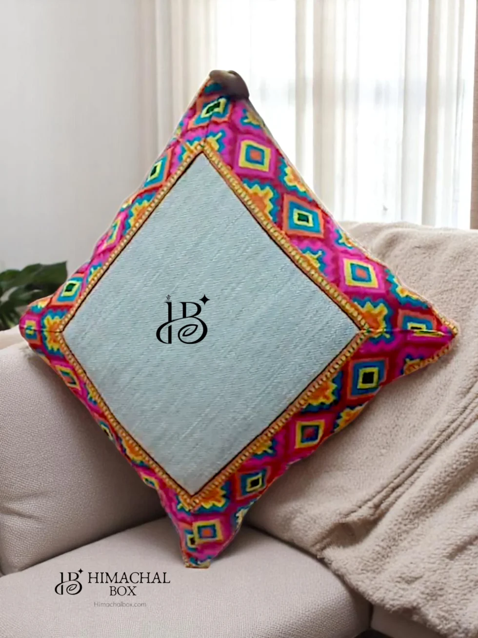Handwoven Pahadi Cushion Cover with Kullu Patti – Celebrate Himachali Heritage at Home