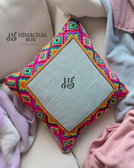 Handwoven Pahadi Cushion Cover with Kullu Patti – Celebrate Himachali Heritage at Home