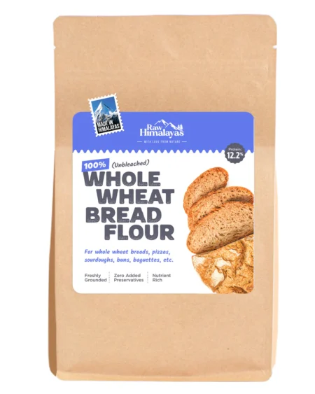 Bake wholesome artisan breads with Raw Himalayas 100% Whole Wheat Bread Flour. Unbleached, high in protein, and rich in nutrients—ideal for sourdoughs, pizza bases, and more.