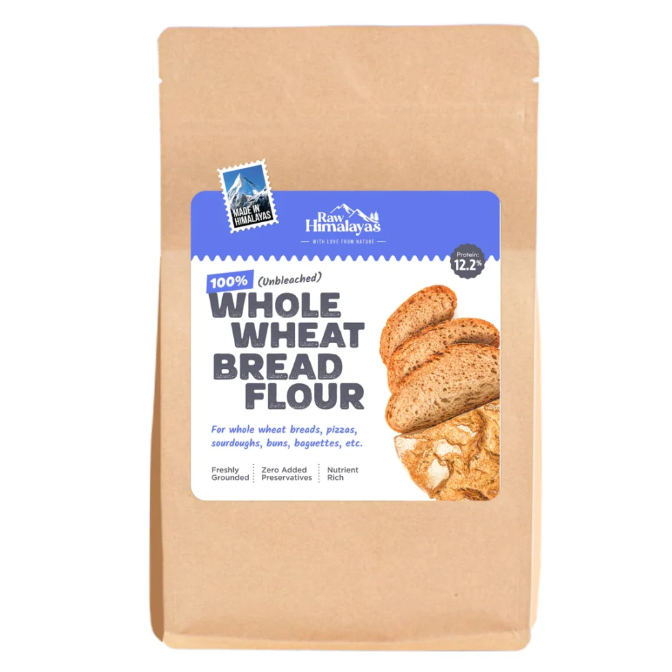 Bake wholesome artisan breads with Raw Himalayas 100% Whole Wheat Bread Flour. Unbleached, high in protein, and rich in nutrients—ideal for sourdoughs, pizza bases, and more.