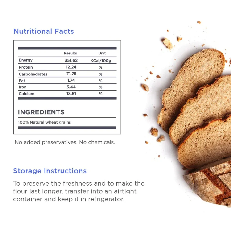 Bake wholesome artisan breads with Raw Himalayas 100% Whole Wheat Bread Flour. Unbleached, high in protein, and rich in nutrients—ideal for sourdoughs, pizza bases, and more.