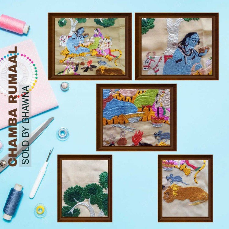 Buy a handcrafted Chamba Rumal featuring Shiv Parivar embroidery in traditional Himachali style by artisan Bhawna. GI-tagged spiritual wall art in framed cotton fabric.