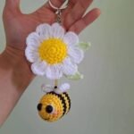 Handmade Crochet Bee Keychain with Daisy Flower