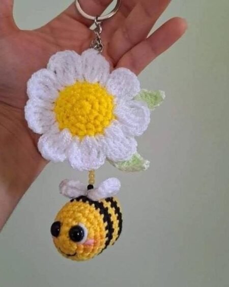 Handmade Crochet Bee Keychain with Daisy Flower