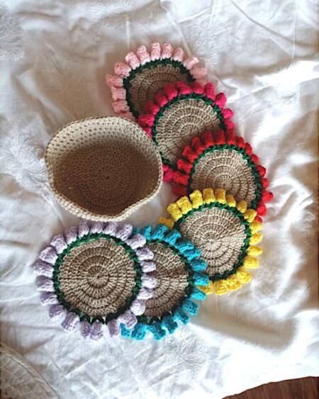 Handmade Crochet Table Coaster Set with Colorful Border and Holder