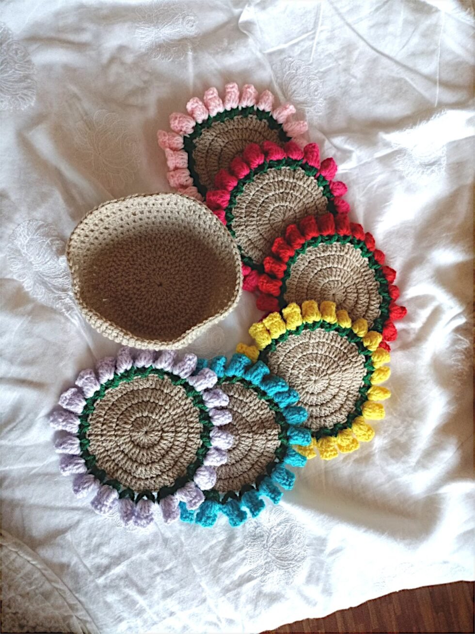 Handmade Crochet Table Coaster Set with Colorful Border and Holder