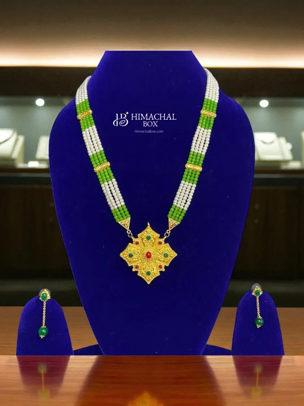 Himachali Ghau Necklace with Earrings – Green Stone Traditional Jewellery Set