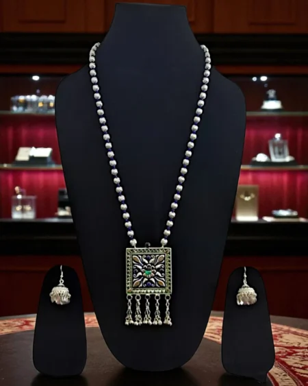 Himachali Kanth Mala With Earrings Set – Artificial Silver & White Metal Beaded Necklace
