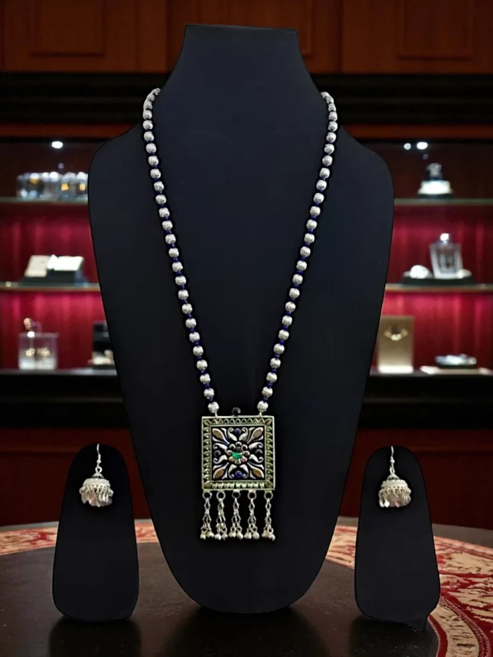 Himachali Kanth Mala With Earrings Set – Artificial Silver & White Metal Beaded Necklace