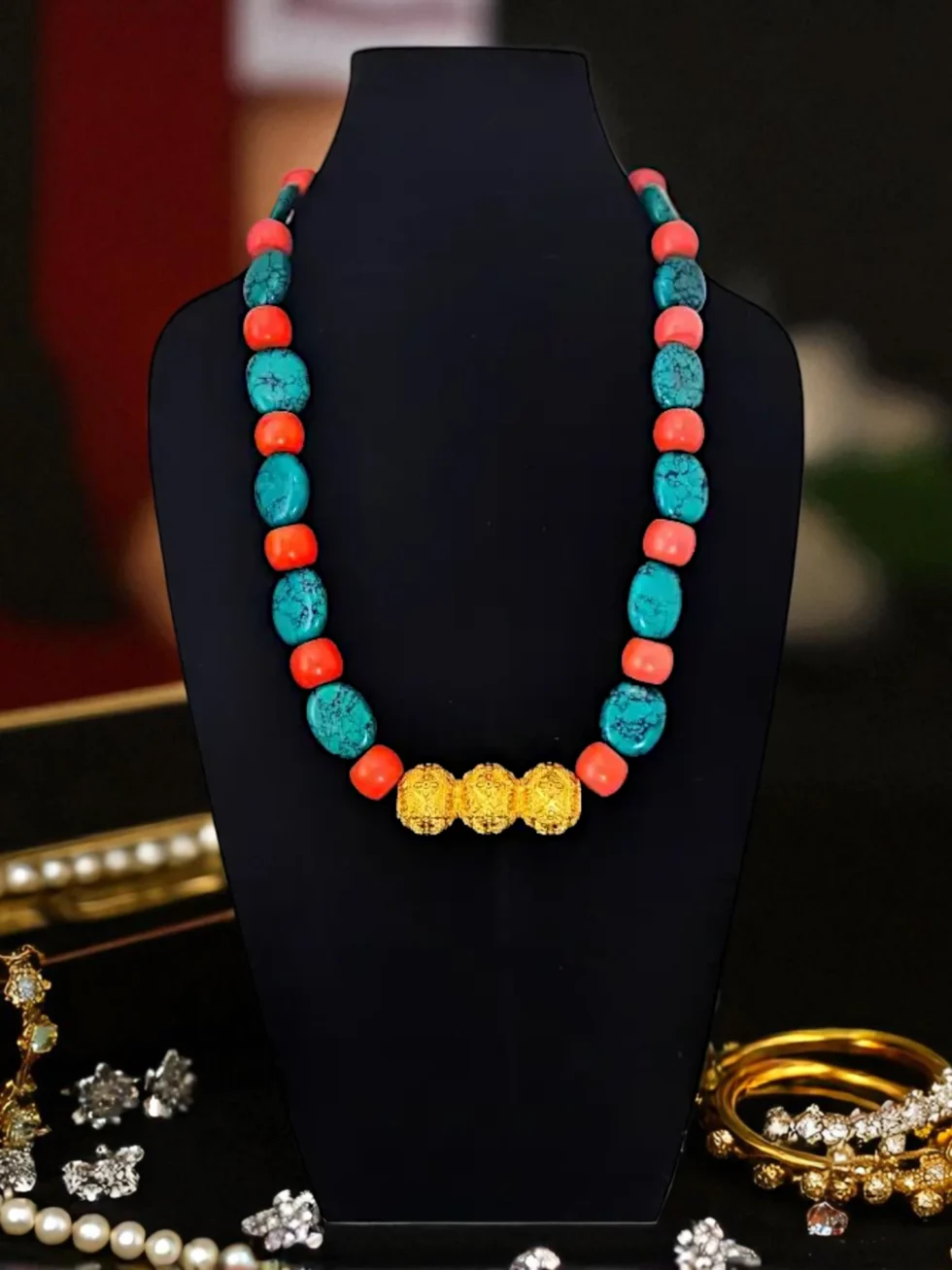 Kinnauri Tarmani Necklace – High-Quality Brass with Beaded Stones Gold-Like Finish Ethnic Jewelry
