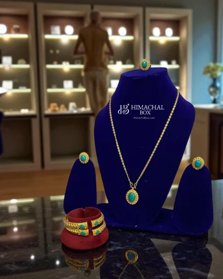 Traditional Necklace Full Set – Green Stone Necklace, Earrings, Ring & Kangan HimachalBox