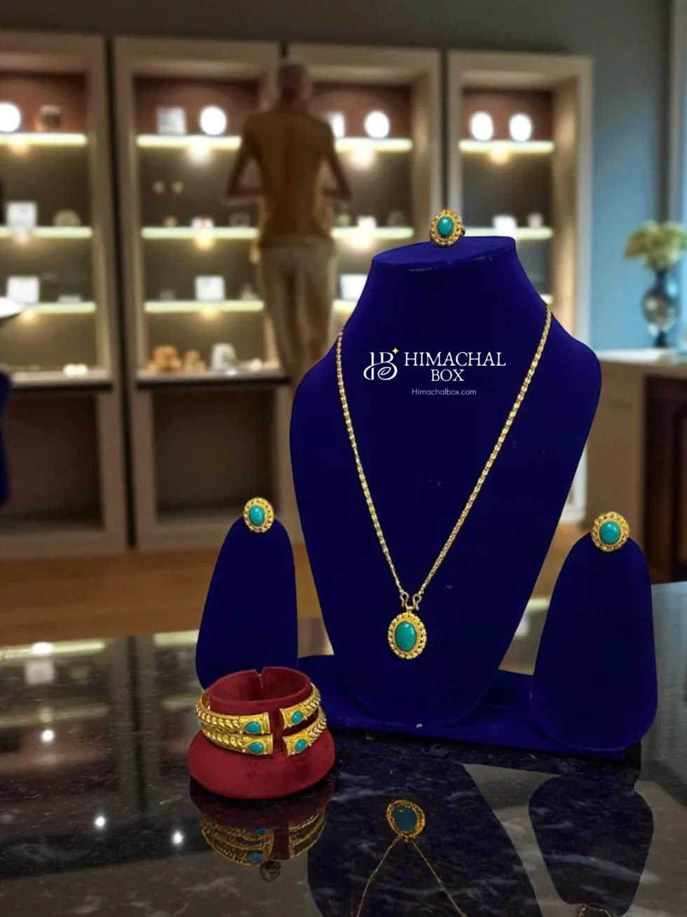 Traditional Necklace Full Set – Green Stone Necklace, Earrings, Ring & Kangan HimachalBox