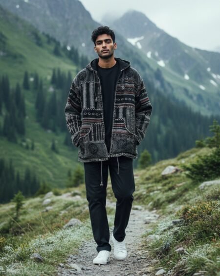 Black & Grey Pahadi Boho Patchwork Hoodie – Handmade Nepali Cotton Fleece Lined Winter Jacket | Tribal Baja Hippie Hoodie