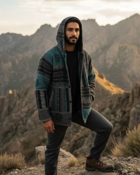 Blue Grey Himalayan Patchwork Hoodie – Handmade Cotton Fleece Boho Jacket