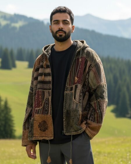 Tribal Hippie Baja Hoodie | Pahadi Boho Patchwork Winter Hoodie Jacket