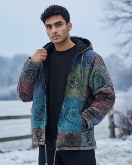 Nepali Pahadi Hoodie Jacket – Tribal Boho Patchwork Cotton Fleece Lined Winter Coat | Unisex Baja Style Hippy Hoodie