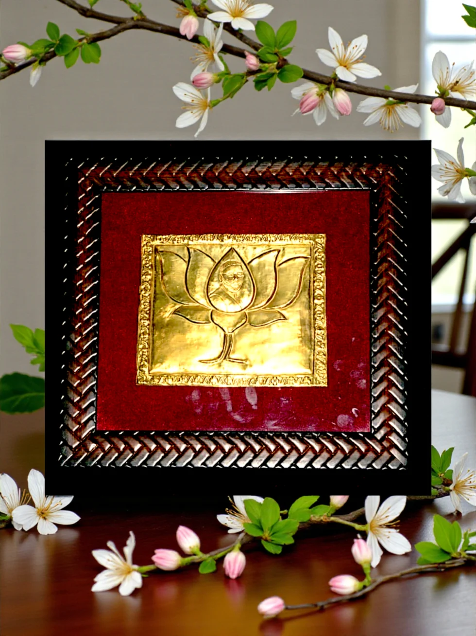 Brass Lotus Spiritual Frame with Red Background Wall Hanging