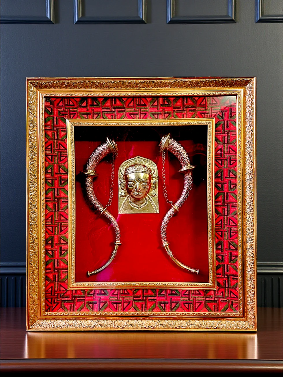 Brass Devta Mohra Frame with Twin Narsingha and Kullu Border 12x12 20x20