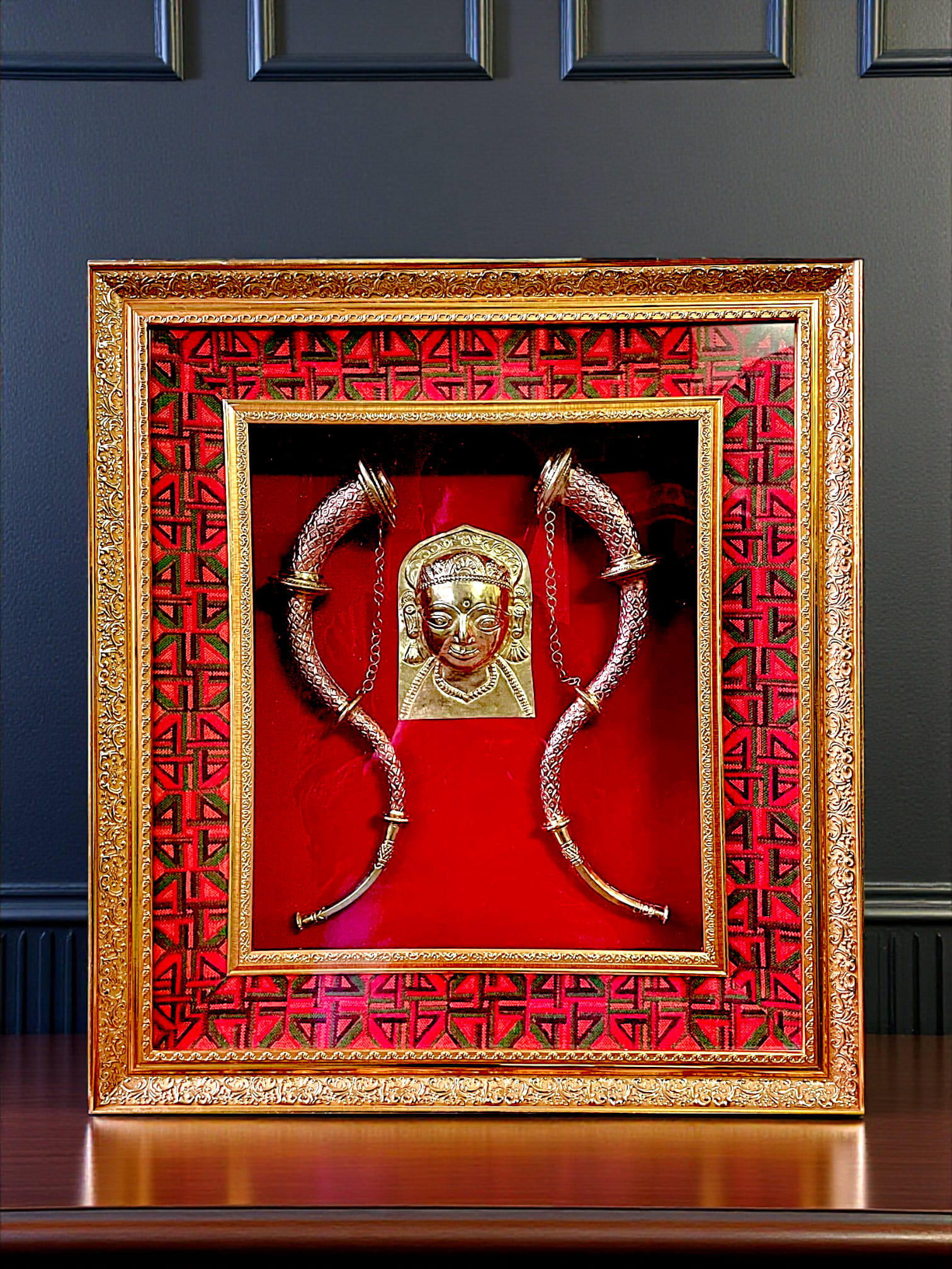 Brass Devta Mohra Frame with Twin Narsingha | Kullu Border Edition