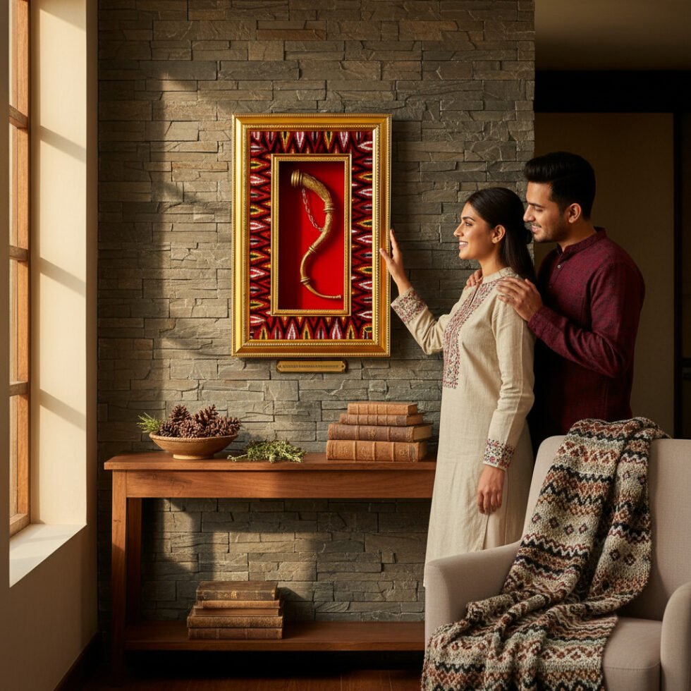 Brass Narsingha Framed Wall Art with Kullu Border Himachali Decor by Himachal Box