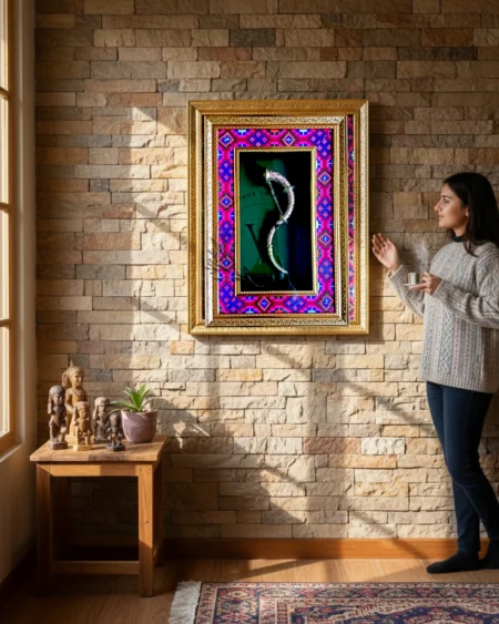 Brass Narsingha Framed Wall Art with Pink Blue Kullu Border by Himachal Box