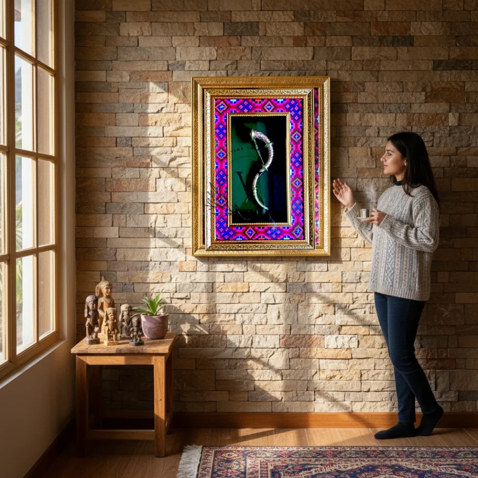 Brass Narsingha Framed Wall Art with Pink Blue Kullu Border by Himachal Box