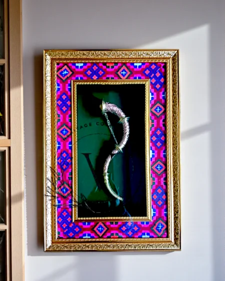 Brass Narsingha Framed Wall Art with Pink Blue Kullu Border by Himachal Box