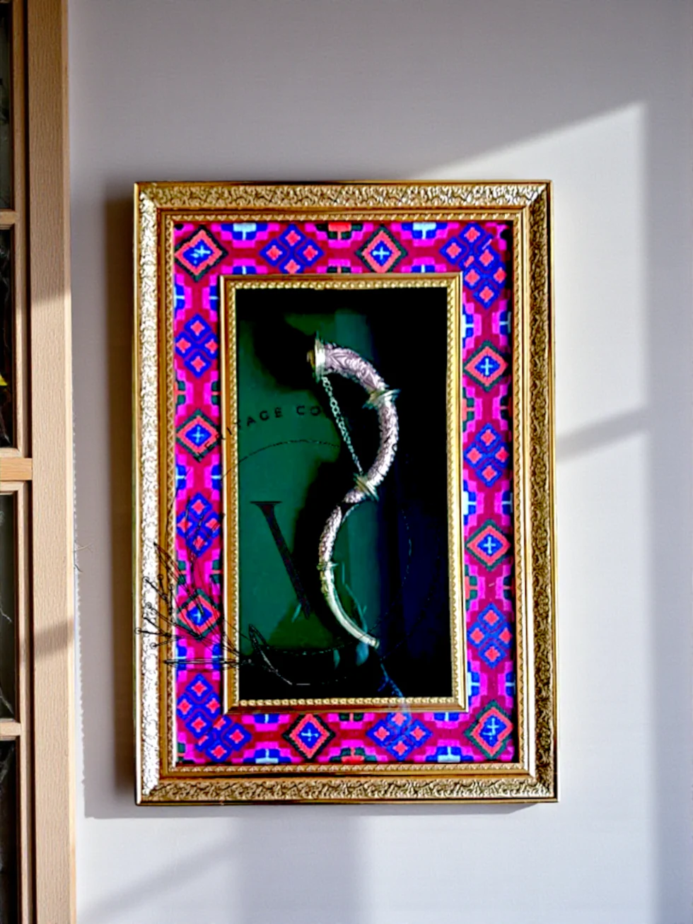 Brass Narsingha Framed Wall Art with Pink Blue Kullu Border by Himachal Box