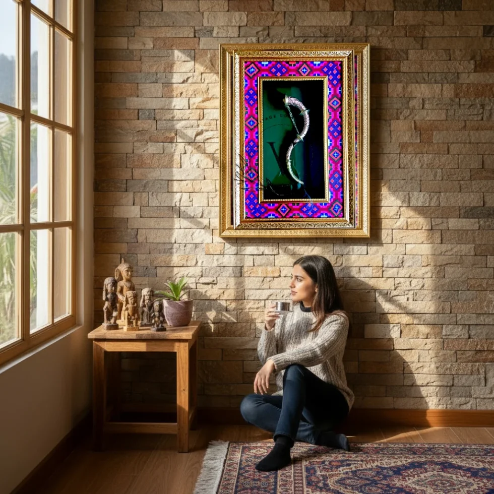 Brass Narsingha Framed Wall Art with Pink Blue Kullu Border by Himachal Box