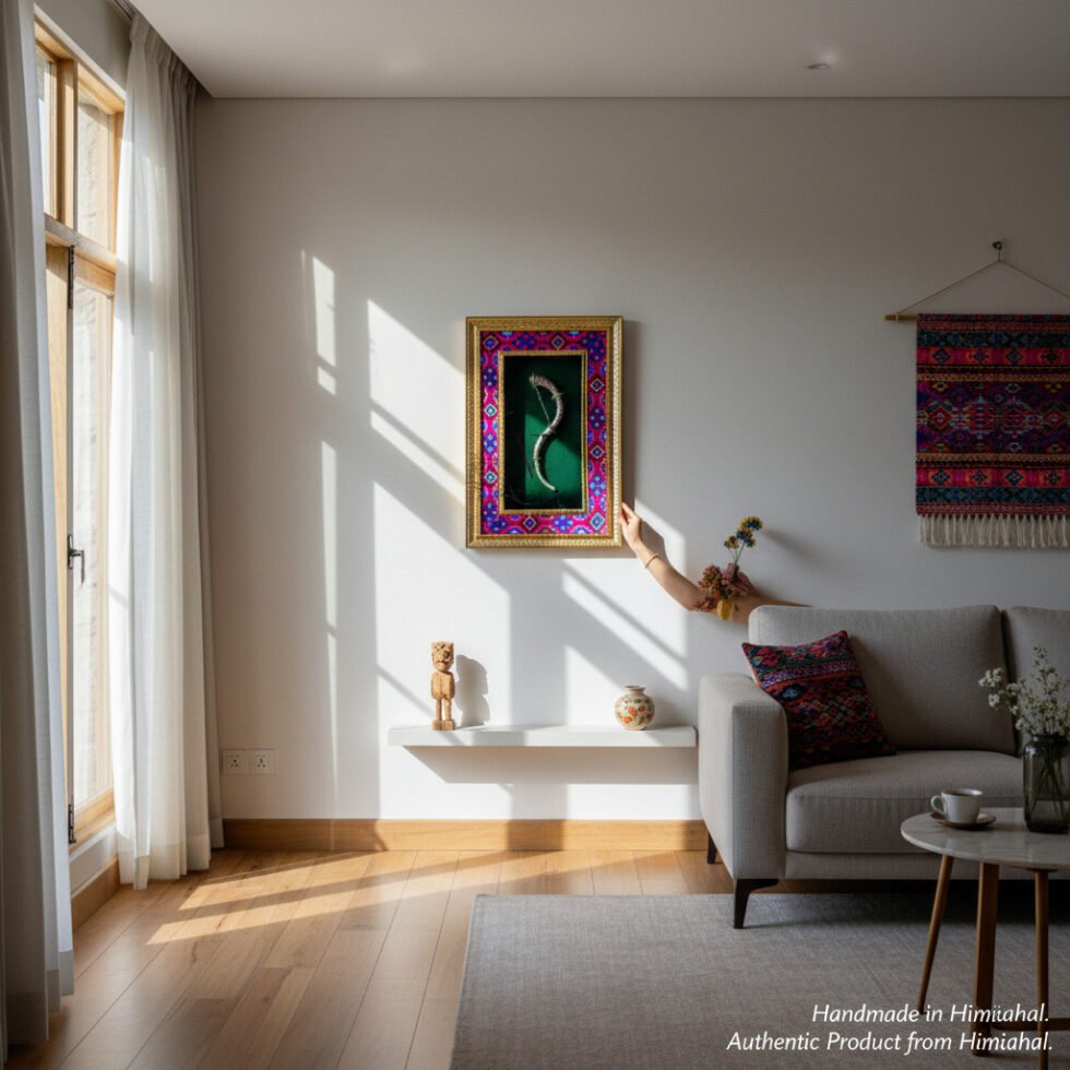 Brass Narsingha Framed Wall Art with Pink Blue Kullu Border by Himachal Box