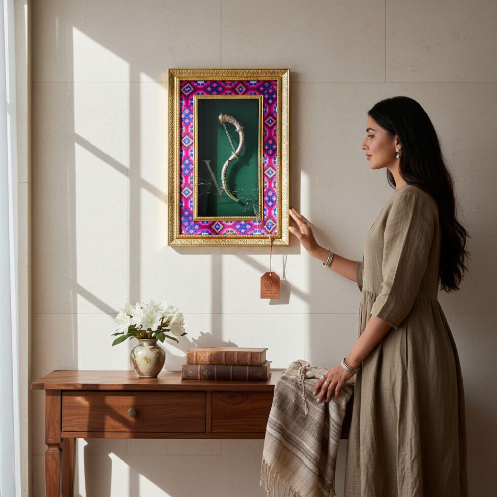 Brass Narsingha Framed Wall Art with Pink Blue Kullu Border by Himachal Box