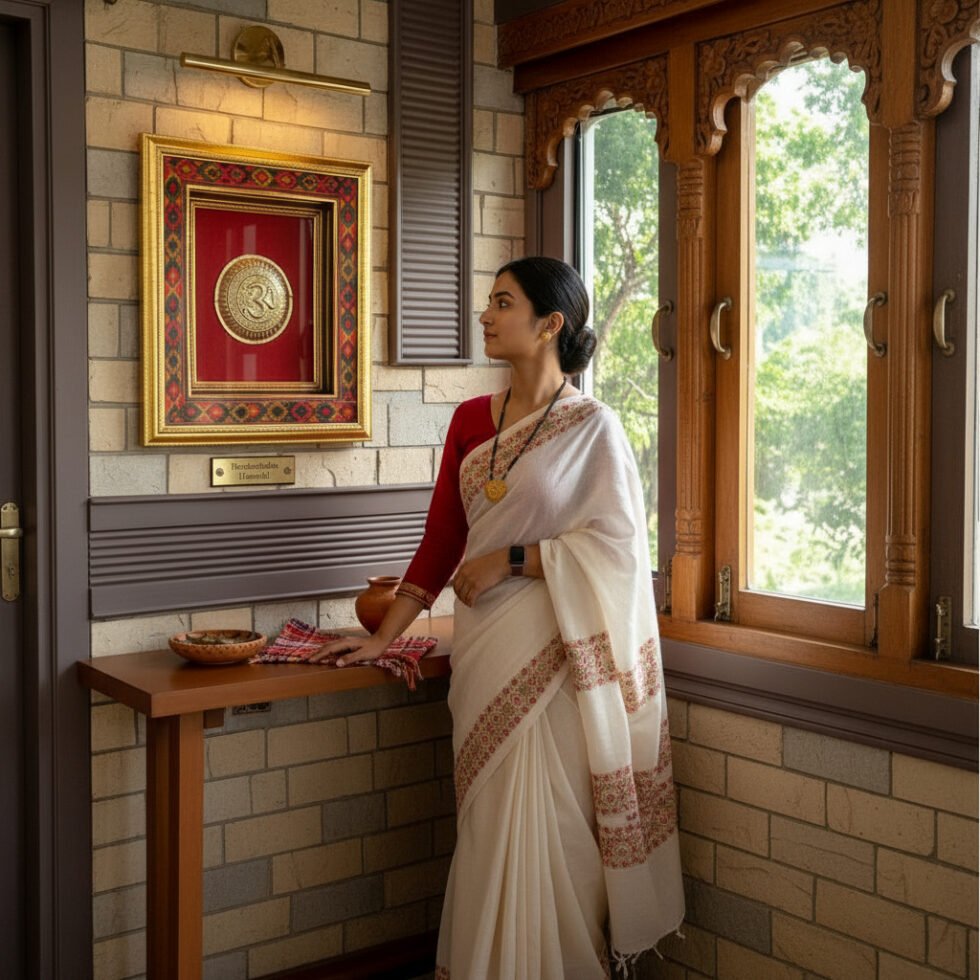 Brass Om Framed Wall Art with Kullu Border and Red Background By Himachal Box