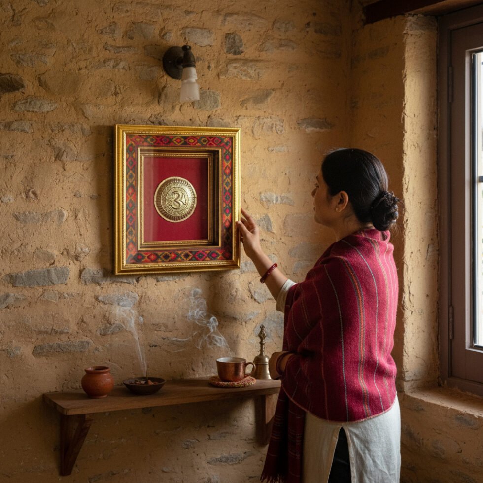 Brass Om Framed Wall Art with Kullu Border and Red Background By Himachal Box