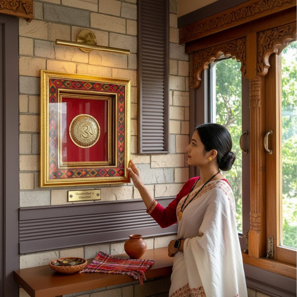 Brass Om Framed Wall Art with Kullu Border and Red Background By Himachal Box