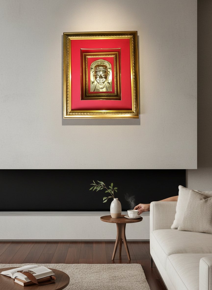 Traditional Himachali Devta Mukhota Gold Frame Spiritual Wall Hanging