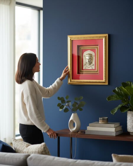 Traditional Himachali Devta Mukhota Gold Frame Spiritual Wall Hanging