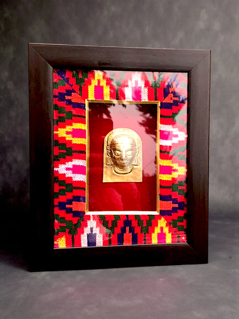 Himachali Devta Mohra Framed Wall Art with Kullu Textile Background