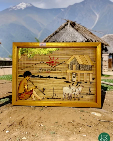 Handcrafted bamboo wall art showing Himachal village life made by women artisans
